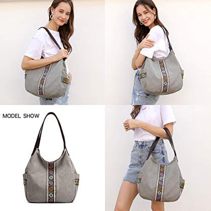 Worldlyda Women Canvas Hobo Purse Multi Pocket Tote Shopper Shoulder Bag Casual Top Handle handbag with Embroidery Ethnic - color: Light Grey