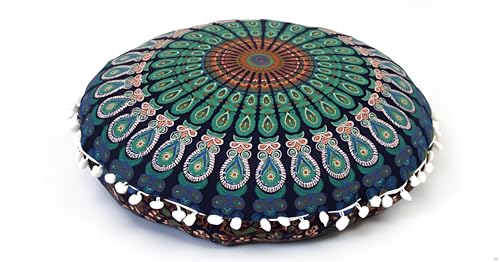 CRAFT KALA 22 Inch Meditation Floor Pillows Cover Round Pillow Seating Hippie Decorative Adults Bohemian Mandala Circle Floor Cushion Cover Outdoor Living Room Throw Ottoman Poufs Cover (Blue Mirchi) - color: Blue Mirchi