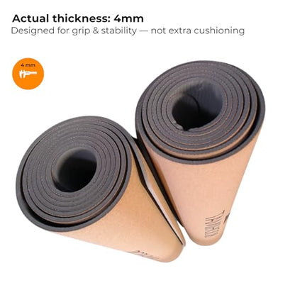 Cork Yoga Mat for Hot Yoga – Sweat-Activated Grip, 4mm Stable Support, Natural Cork Surface + Non-Slip TPE Base, 72” x 24”, Pilates & Fitness Mat with Carry Strap