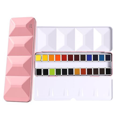 rubens Professional Watercolor Paint Set 24 Colors, High Pigment Solid Half Pans in Chic Pink Diamond-Pattern Metal Case with Ring, Aesthetic Art Gift for Beginners, Artists & Designers - color: Pink