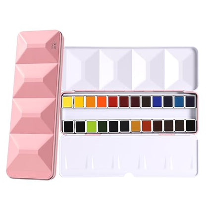 rubens Professional Watercolor Paint Set 24 Colors, High Pigment Solid Half Pans in Chic Pink Diamond-Pattern Metal Case with Ring, Aesthetic Art Gift for Beginners, Artists & Designers - color: Pink