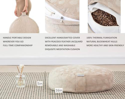 Meditation Cushion, Comfortable Meditation Pillow with Peacock Feather Jacquard Cover. Buckwheat Hull Filled Zafu Floor Pillow 16 * 16 * 5 in - color: Apricot Gray