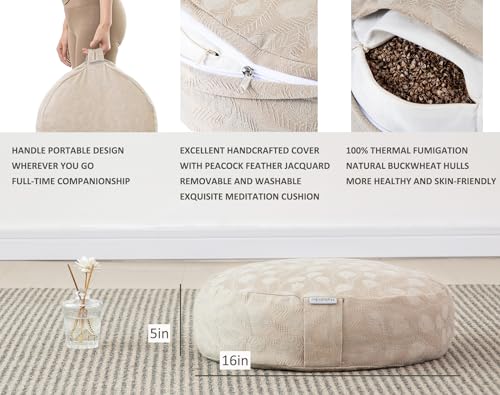 Meditation Cushion, Comfortable Meditation Pillow with Peacock Feather Jacquard Cover. Buckwheat Hull Filled Zafu Floor Pillow 16 * 16 * 5 in - color: Apricot Gray