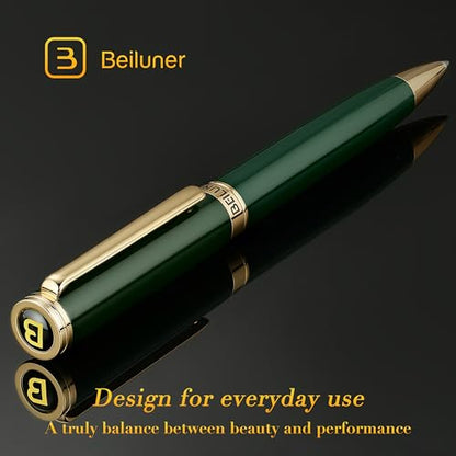 BEILUNER Luxury Gel Pen with 24K Gold Finish, Green Piano Lacquer, Luxury Grade Craftsmanship, Fancy Pen Gift Set for Men and Women, Graduation Gift, Executive, Office, Retractable, Nice Pen Set - color: Green and Gold Finish