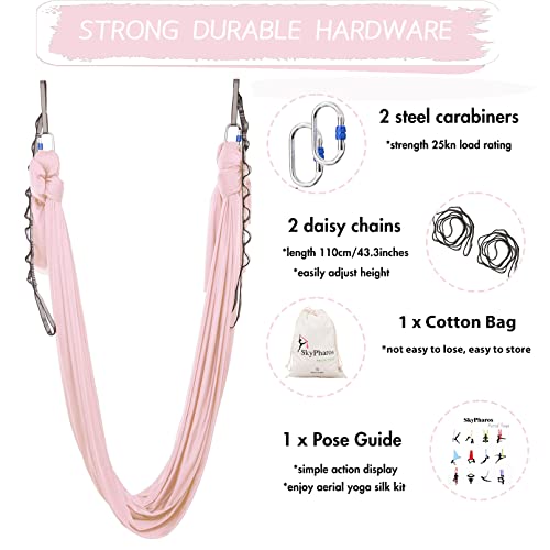 5.5 Yards Aerial Silks Yoga Swing Set - Aerial Yoga Hammock Kit Anti-Gravity Flying for Fitness, Low/Non Stretch Nylon Tricot Fabric Hardware Included for Dance - color: TENDER PINK