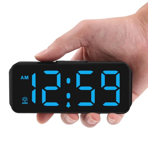 Peakeep Small Digital Alarm Clock Battery Operated for Bedrooms Travel | 1.65" Numbers Large Display Cordless Bedside Clock for Seniors Elderly, Auto Manual Dimmers, 5 Levels Volume - color: Blue Digits