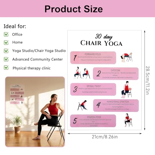 Tai Chi Chair Workout Chart, 6 Laminated Tai Chi Exercise Chart Poster Set for Beginners and Seniors, Chair Yoga Chart Illustrated Seated Moves for Balance, Mobility, 30-Day Challenge