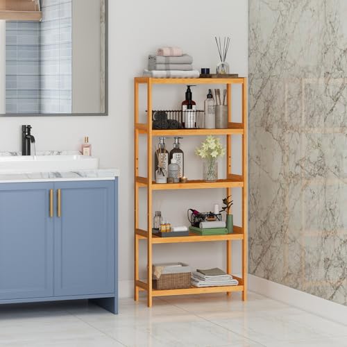kinbor 5-Tier Bamboo Bathroon Shelf, Bamboo Rack Storage Shelving, Natural - size: 5-Tier