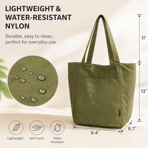 Barsine Tote Bag for Women Unisex Lightweight Nylon Totes Purses and Handbags Large Casual Shoulder Hobo for Travel Gym - color: Olive