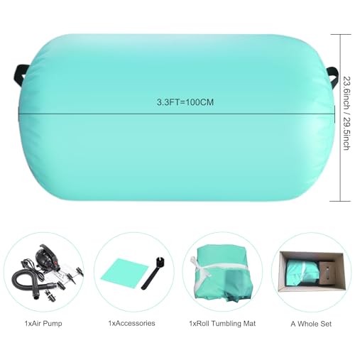 Inflatable Air Roller Mat with Pump for Gymnastics Training - color: mint green+pump, size: length 100cm,diameter 60cm