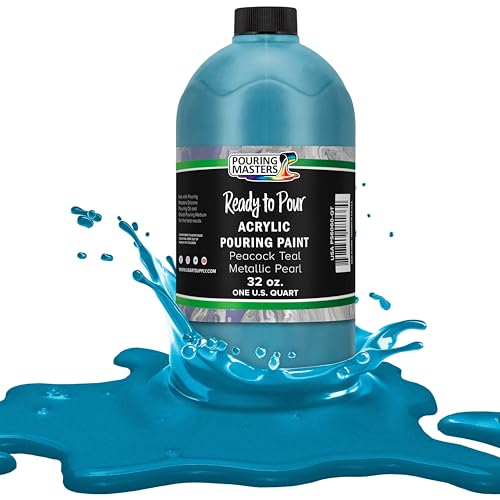 Pouring Masters Peacock Teal Metallic Pearl Ready to Pour Acrylic Pouring Paint - Premium 32-Ounce Pre-Mixed Fluid Acrylic Paint - Fluid Art Supplies for Canvas, Wood, Paper, Tile & Rocks - color: Peacock Teal Metallic Pearl, size: 32 Fl Oz (Pack of 1)
