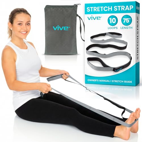 Vive Stretch Strap (75" - 10 Loops) - Leg Stretch Band to Improve Flexibility - Stretching Out Yoga Strap - Exercise and Physical Therapy Belt for Rehab, Pilates and Gymnastics with Guide Book - color: Gray