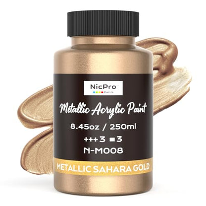 Nicpro Metallic Sahara Gold Acrylic Paint, 8.45oz/250ml Gold Leaf Paint | Large, Non Toxic, Non Fading Gold Paints for Metal, Wood, Craft, Clay, Fabric, Canvas, Furniture, Handcrafts, Art Supplies - color: Sahara Gold, size: 8.45 Fl Oz (Pack of 1)