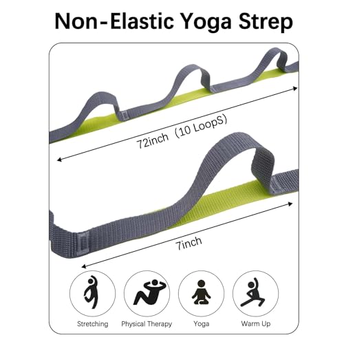 10 Loop Yoga Stretching Strap for Physical Therapy - Non-Elastic Exercise Band for Pilates, Yoga, Stretching for Women & Men - color: Green/Grey