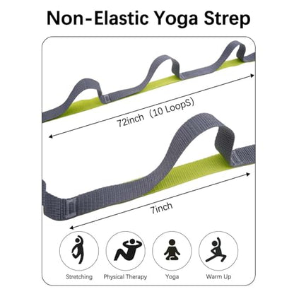 10 Loop Yoga Stretching Strap for Physical Therapy - Non-Elastic Exercise Band for Pilates, Yoga, Stretching for Women & Men - color: Green/Grey