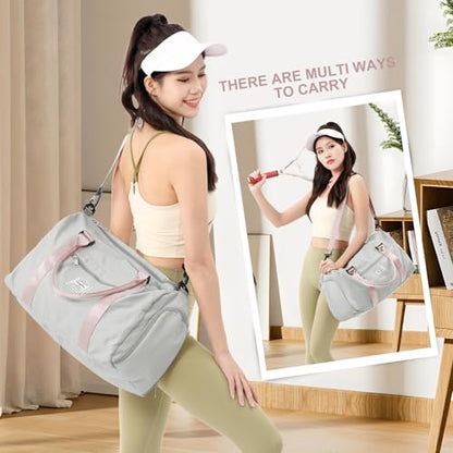 Gym Bag for Women Men with Shoes Compartment,Sports Duffle Bag Personal item travel Duffel Bags Tote Bag Small Carry on Weekender Overnight Bag Workout Dance Bag Hospital Holdalls Grey Pink - color: A11-Grey Pink