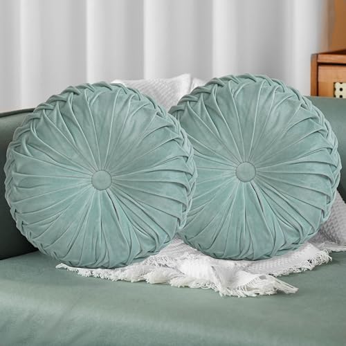 HIG Set of 2 Aqua Velvet Decorative Round Pleated Throw Pillows - color: Aqua