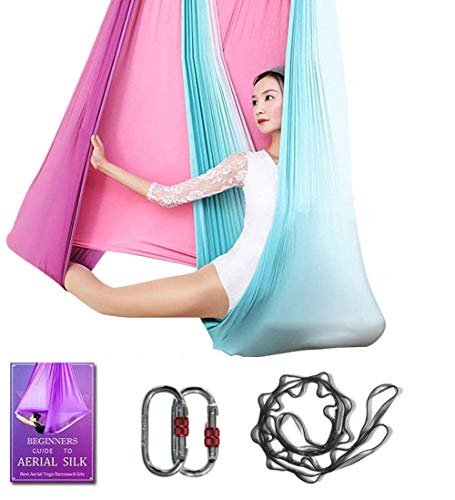 Aerial Yoga Hammock L:5M W:2.8M 5.5 Yards Aerial Pilates Silk Yoga Swing Set with 2000 Ibs Load Include Daisy Chain, Pose Guide - color: Gradual Change Purple
