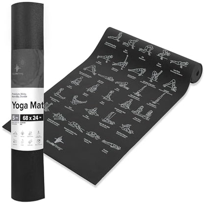NewMe Fitness Yoga Mat for Women and Men - Large, 5mm Thick, 68 Inch Long, Non Slip Exercise Mats w/ 70 Printed Yoga Poses for Pilates, Workout and Stretching - Home and Gym Essentials - color: Black