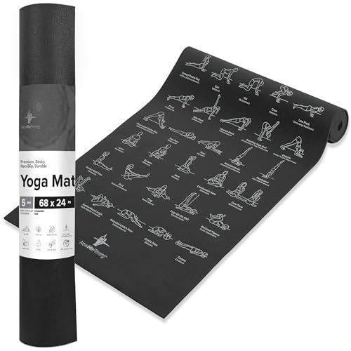NewMe Fitness Yoga Mat for Women and Men - Large, 5mm Thick, 68 Inch Long, Non Slip Exercise Mats w/ 70 Printed Yoga Poses for Pilates, Workout and Stretching - Home and Gym Essentials - color: Black
