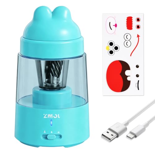 ZMOL Blue Bunny Electric Pencil Sharpener, 6-8mm, Rechargeable, Stickers | Fast Sharpening, Auto Stop,3 Modes for No.2 and Colored Pencils, Quick Charge,Kids Gift, for Home/Classroom/School/Art Studio - color: Blue
