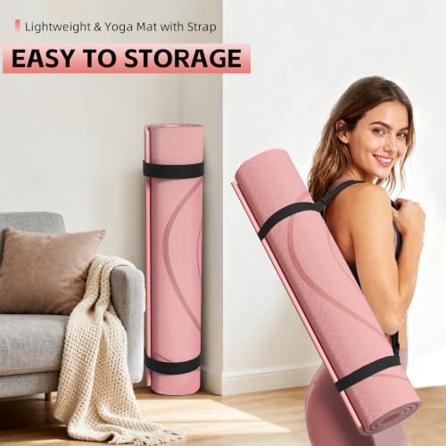 Large Yoga Mat Thick, 76"x32"x0.31"Wide POE Exercise Mat with Non-Slip Surface & Carry Strap, Anti-Tear Workout Mat for Yoga, Pilates, Fitness - color: Peach pink