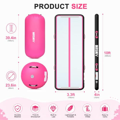 AWSUM Inflatable Gymnastics Mat with Air Roller Barrel Tumbling Equipment - color: Pink/Black+Pink Roller, size: 10ft*3.3ft*4in&(L)40in*(Diam)23.6"