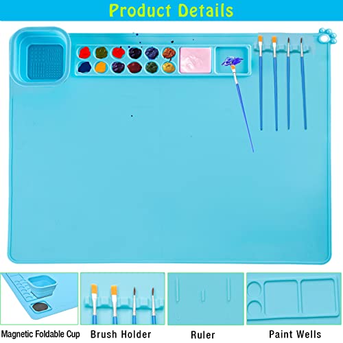 Painting Stations,Silicone Art Mat [1x Apron,1 Pair Oversleeve,20 Pieces Brushes] Painting Craft Mats 21"X17" with Detachable Cup for Resin for Kids Gift,Paint, Clay, DIY Projects - color: Blue