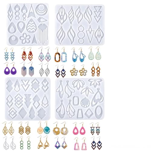 50 Styles Resin Earring Molds, 4 Pcs Silicone Jewelry Resin Casting Molds with Built in Holes Resin Molds Jewelry for Epoxy Pendantr Earrings Necklace Pendants Keychains