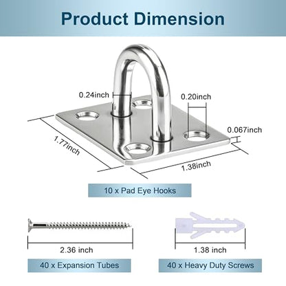 10 PCS Pad Eye Hooks Stainless Steel Ceiling Hooks Ring Hook