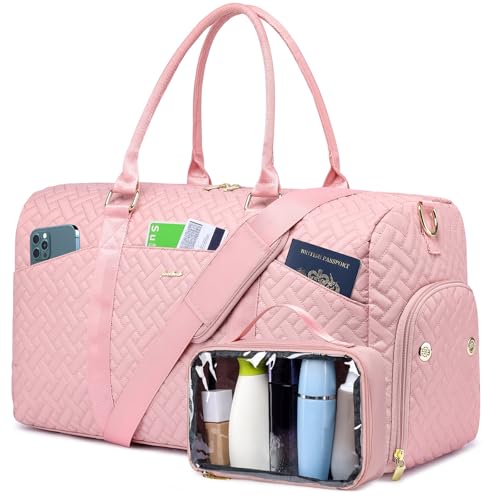 Women Weekender Travel Duffle Bag: Travel Duffel Overnight Bags with Shoe Compartment Large Carry on Tote with Toiletry Bag Weekend Traveling Yoga Gym Hospital Bag for Women with Wet Pocket Pink - color: 23-Pink T Quilted, size: Large