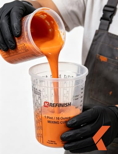 KREFINISH 32 OZ Paint Mixing Cups Graduated Disposable Clear Plastic Epoxy Measuring Cups (Box of 96 Cups & 12 Lids) Use for Automotive Painting, Resin, Acrylic, Arts, Pigments - Mixing Ratios - size: 32 Ounce