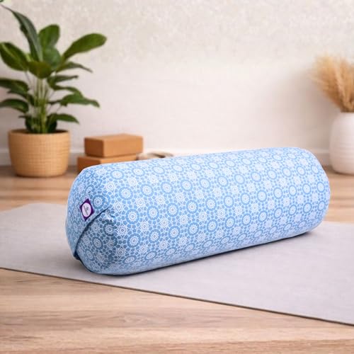 Yogikuti Iyengar Yoga Bolster for Restorative Yoga and Meditation – Lightweight Cotton Support Pillow with Handle for Easy Carry, Versatile for Pose Modification, Balance, Back Relief, and Relaxation - color: Printed-Blue, size: Long
