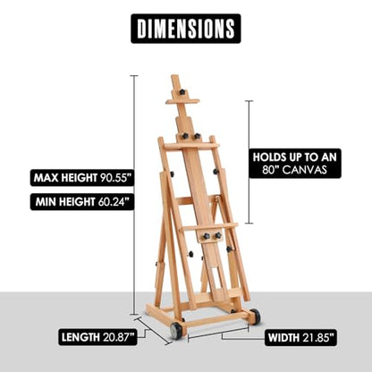 Easel for Painting, H Frame Easel, Painting Stand, Studio, Fits 80” Canvas | Houseables for Large Canvas, Floor Standing, Adjustable, Tilt Flat, Rolling Wheels, Wood, Adults, Painters, Arts & Crafts