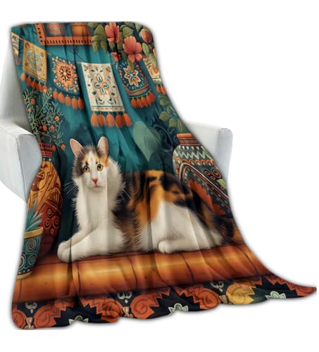 Exotic Calico Cat Blanket Gifts for Boys Girls Kids, Beautiful Potted Plant Flower Ornate Textile Throw Blankets for Sofa Office Couch Room Decor, Cozy Lightweight Warm Soft Throws, 40x50 in - color: Cat 02, size: 50x40 in