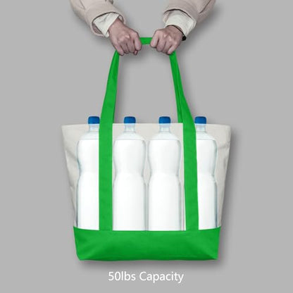 TOPDesign 1-Pack Canvas Tote Bag with an External Pocket, Reusable Grocery Shopping Bag, Top Zipper Closure, Daily Essentials (Lime Green/Natural) - color: Lime Green/Natural