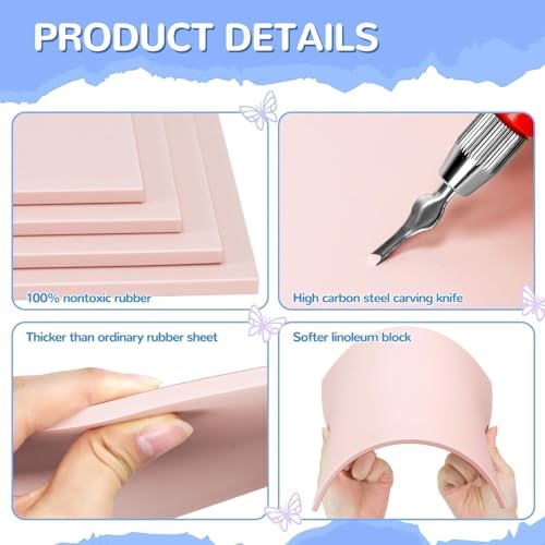 4 Pack Pink Rubber Stamp Carving Blocks, 8"x10" (0.6cm Thick) with Tools Kit, Soft Rubber Linoleum Block for Craft Project DIY Stamp Making Supplies for Artists, Beginners - size: 8"x10"