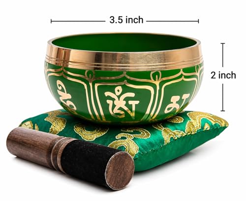 Tibetan Singing Bowl Set - Authentic Handcrafted Mindfulness Meditation Holistic Sound 7 Chakra Healing by Himalayan Bazaar (Emerald) - color: Emerald Green
