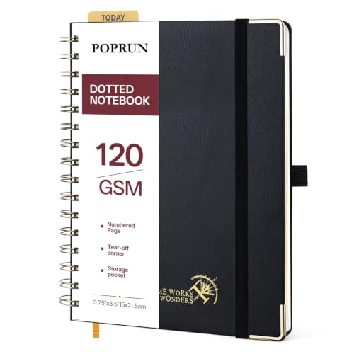 POPRUN A5 Dotted Spiral Notebook 120GSM Hardcover Journal, Black | 5.75'' x 8.25'' Bullet Dot Grid Journals for Women Men, 141 Pages Dotted Notebooks for Journaling, Drawing, Writing - color: Black, size: 5.75 x 8.25 inches
