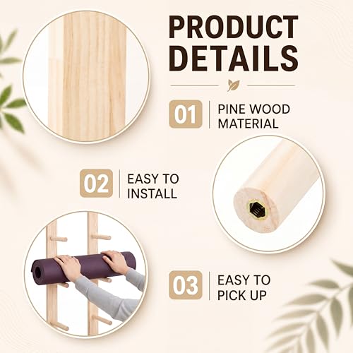 Cinnvoice 5 Tier Wooden Yoga Mat Holder Wall Mount, Adjustable Width | 35.4 x 7 x 2 Inches, Yoga Mat Storage Rack, Customizable Spacing for Foam Roller Home Gym Equipment Organizer Pilates Class