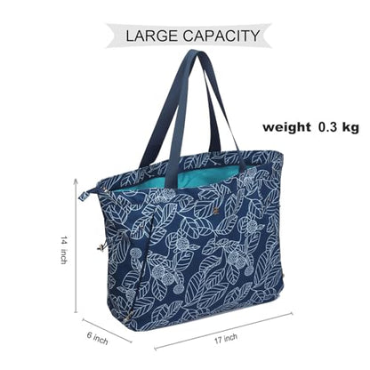 ESVAN Yoga Tote Bag for Women Drawstring Canvas Shoulder Bags for Workout Travel Carryall Pilates Gym and Beach - color: Navy Leaf