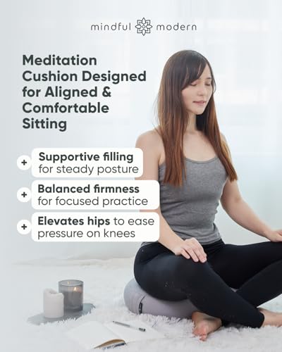 Mindful & Modern Large Meditation Cushion for Zafu Yoga - Meditation Pillow for Sitting on the Floor - Buckwheat Hull Filled Yoga Cushion with Removable, Washable 100% Cotton Cover and Carry Handle - color: Round - Grey