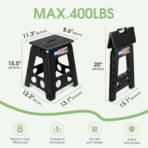 ACKO 16 Inch Folding Step Stool with Safety Lock, Holds 400 lbs, Dot Black | Portable Foldable Stools with Handle, Heavy Duty Collapsible Non-Slip Foot Stool for Adults & Kids, Kitchen Bathroom Outdoor - color: Dot Black, size: 16 Inch