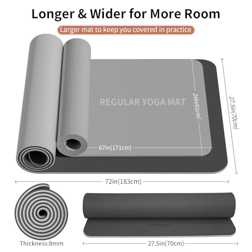 8mm Thick Yoga Mat Non Slip for Women Men | 72"x28" mat for gym, pilates, studio. POE, reversible, non-slip, tear-proof, odorless, easy-clean, strap. - color: Black+Gray