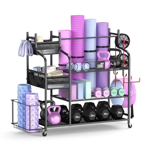 Mythinglogic Home Gym Storage Rack with Wheels for Dumbbells and Yoga Mats - color: Black