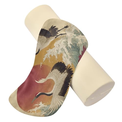 Bolster Pillow Neck Pillow Round Soft Health Memory Foam Pillows Long Cylindrical Body Pillow with Removable Cover Cute Back Yoga Cranes Sunset and Red Lotus 17" x 5.5" - color: Cranes Sunset and Red Lotus