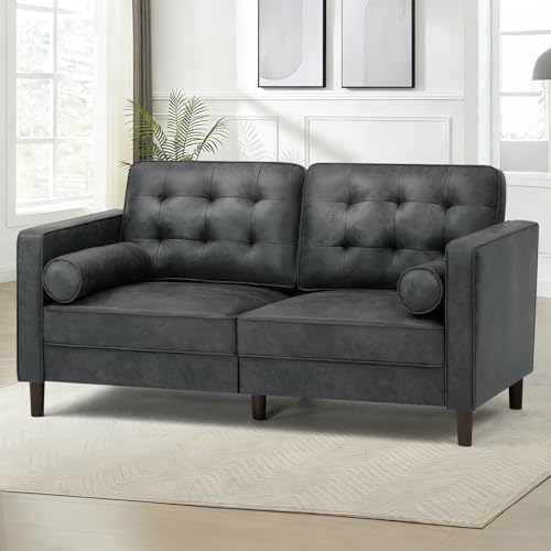 67" Suede Leather Loveseat Sofa with 2 Soft Pillows, Grey - color: Grey, size: 67" Loveseat