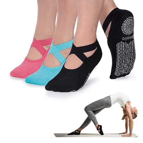 Ozaiic Pilates Socks for Women Non Slip Grip Yoga Barefoot Indoor Workout | Breathable cotton grippy sock, slipper sticky socks, one size fits women for barre, ballet, dance, hospital, home - color: 3 Pairs-black/ Watermelon Red/ Blue