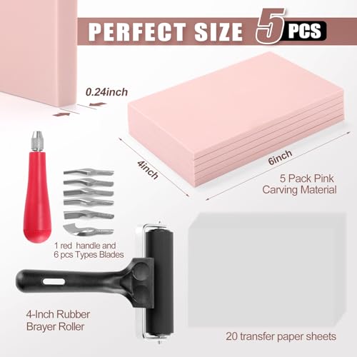 Bobblebro Linocut Kit for Printmaking, 5 PCS 4"x6" Rubber Linoleum Blocks | Stamp Making Kit and Block Printing Kit with Brayer and Carving Tools for Beginners and Artists, DIY Back To School Gift - style: KIT-5PCS