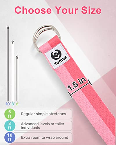 Tumaz Yoga Strap for Stretching with Adjustable D-Ring, 6/8/10 ft - color: 02. Pink Match, size: 6 Feet
